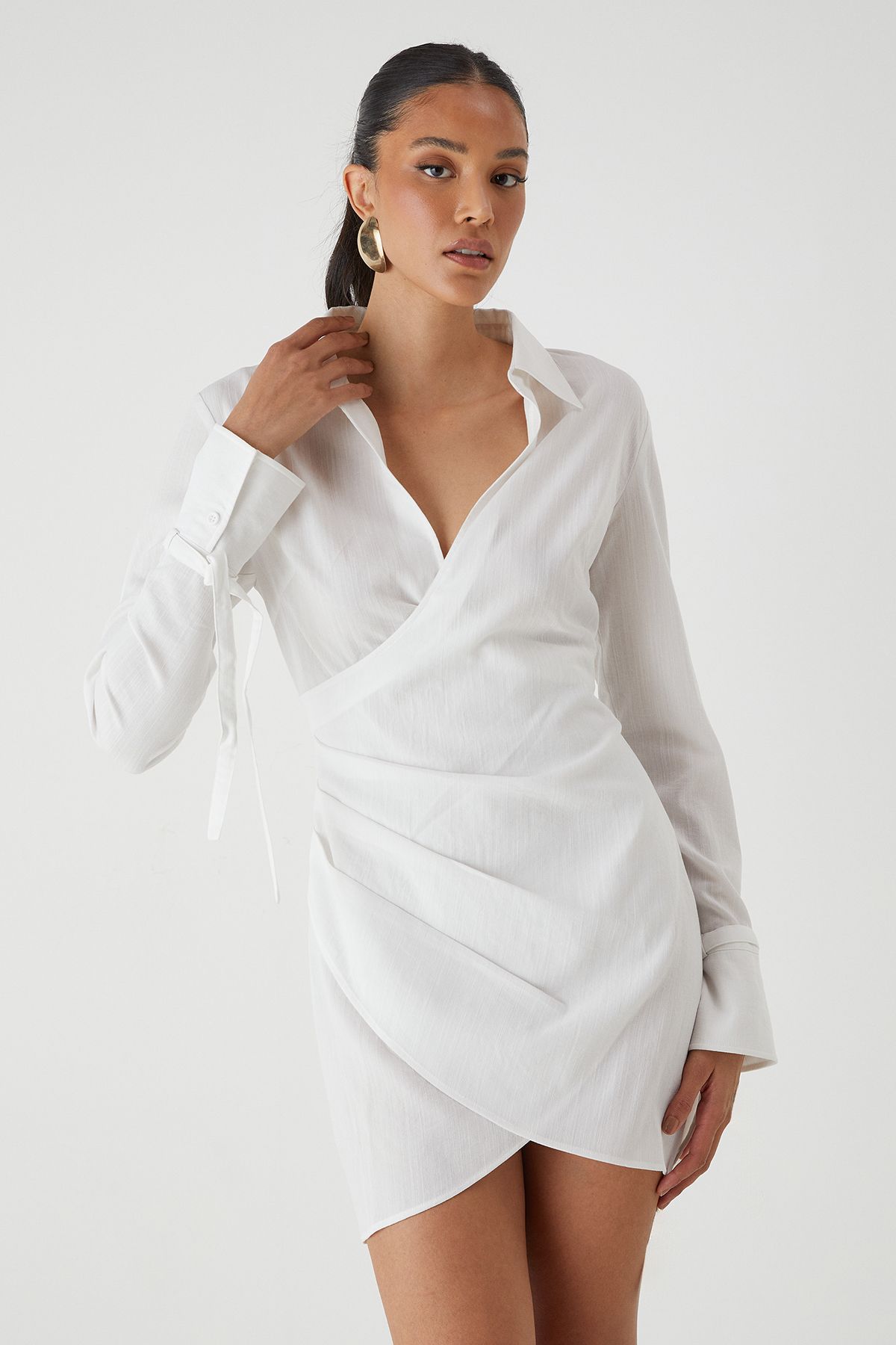 MissPap Linen Ruched Waist Shirt Dress White image 2