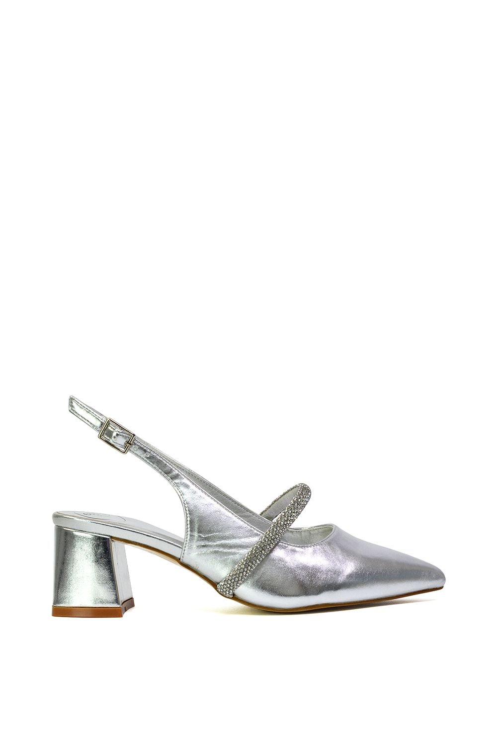 XY London 'Sandie' Sling Back Strappy Pointed Toe Diamante Mid Block Heels