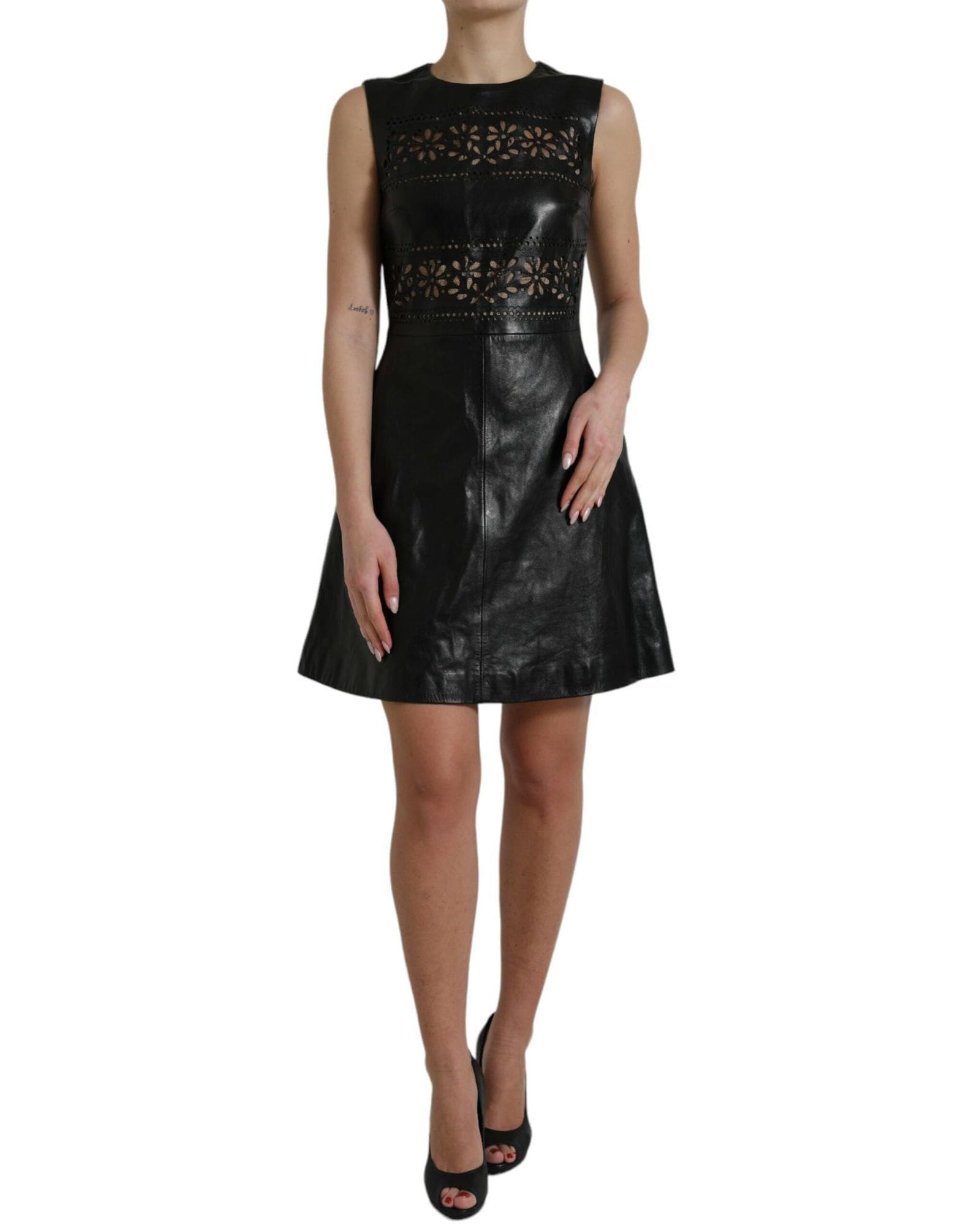 Valentino Leather Mini Dress Floral Cutout Wo - Black Dresses