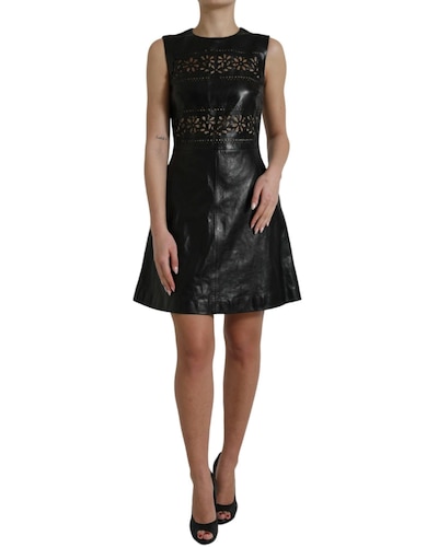 Valentino Leather Mini Dress Floral Cutout Wo - Black Dresses