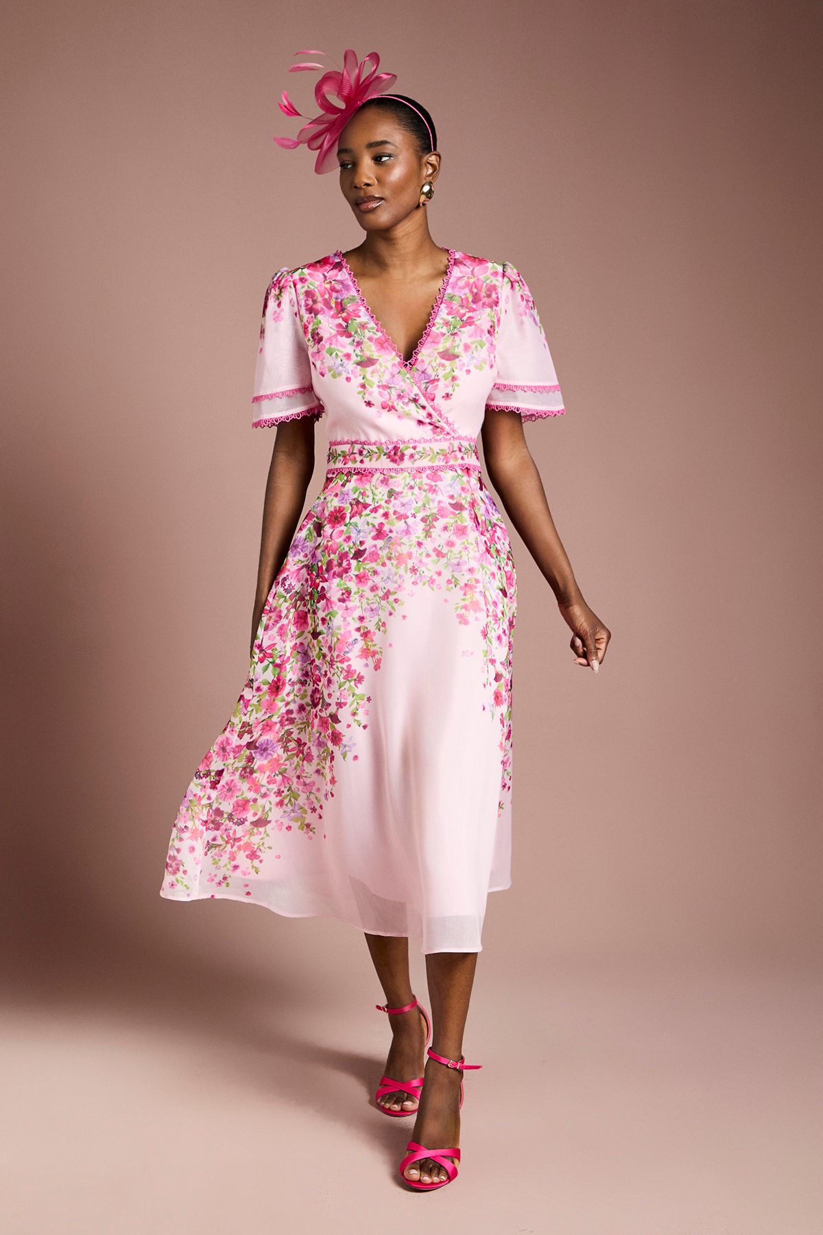 Coast Placement Print Trailing Floral Organza Wrap Midi Dress Pink image 1