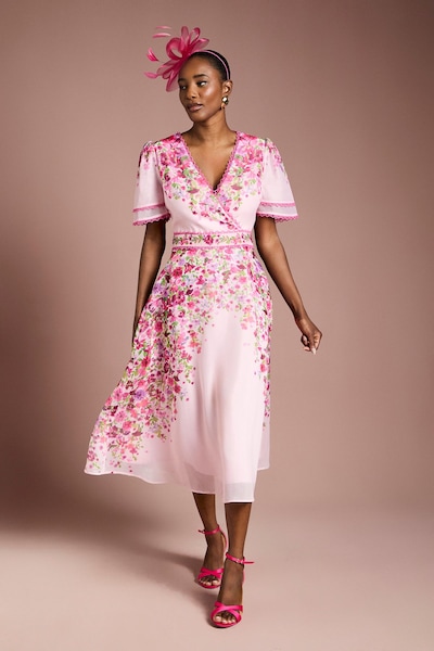 Coast Placement Print Trailing Floral Organza Wrap Midi Dress Pink