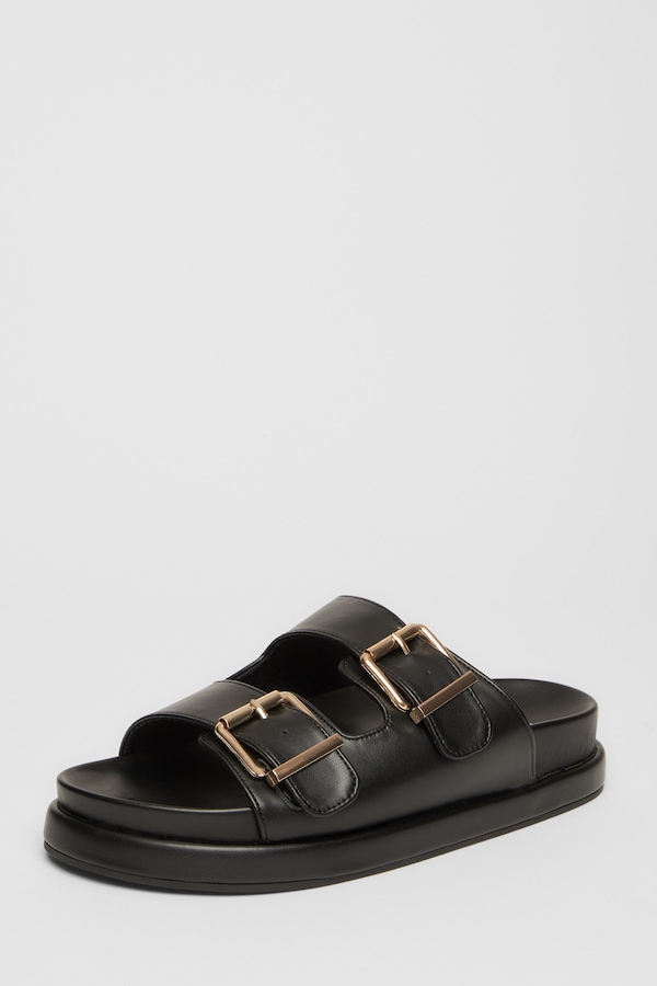 Quiz Black Faux Leather Flat Sandals