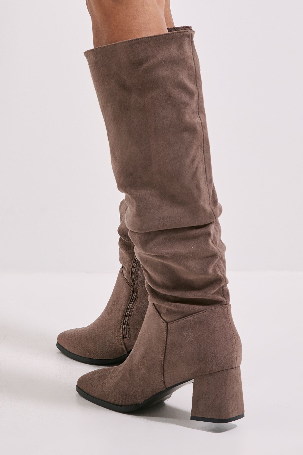 Dorothy Perkins Carla Faux Suede Ruche Medium Block Heel Knee Boots Mocha image 4
