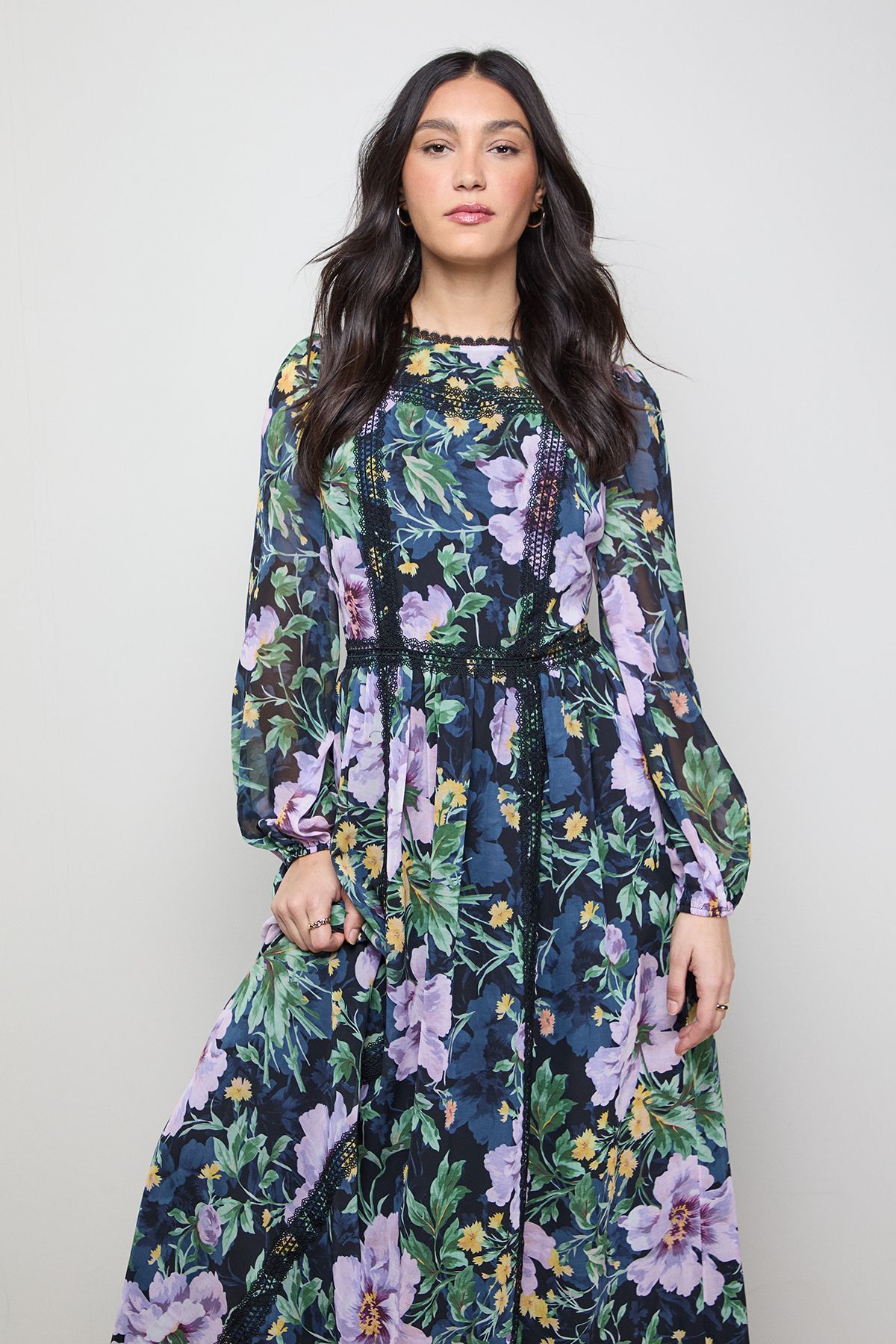 Oasis Printed Lace Trim Balloon Sleeve Midi Smock Dress Floral image 2