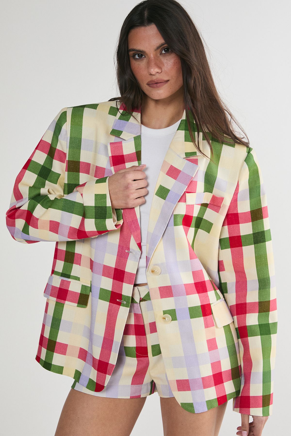 NastyGal Linen Mix Gingham Oversized Blazer Co-ord Multi