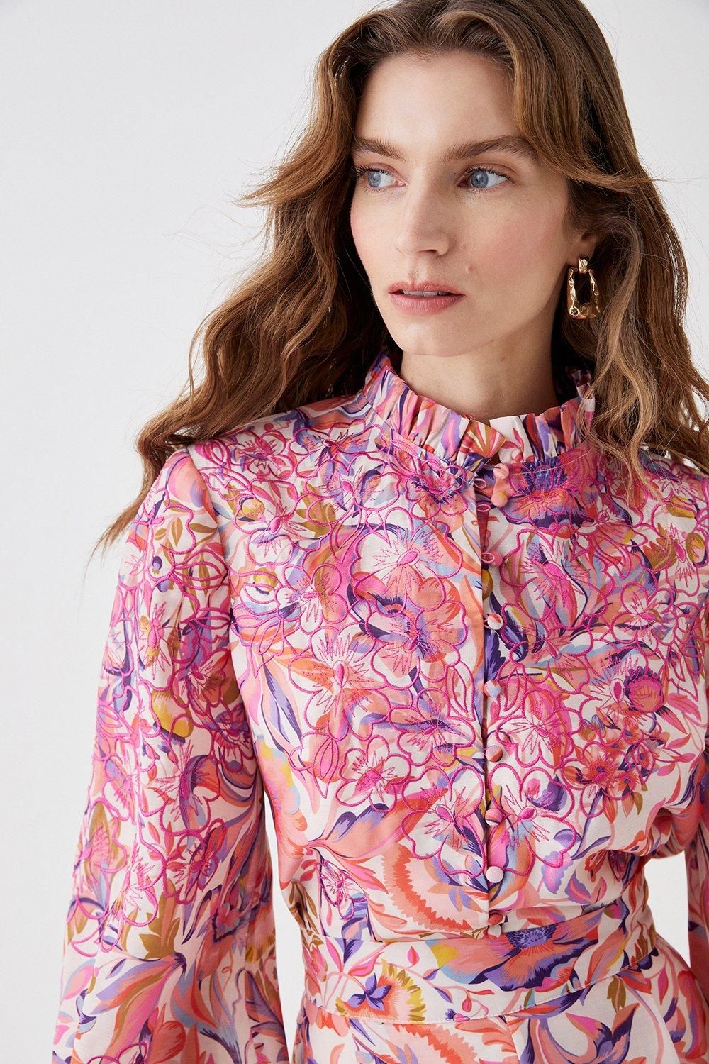 Coast Alexandra Farmer Premium Printed Blouse With Embroidery Coral image 2