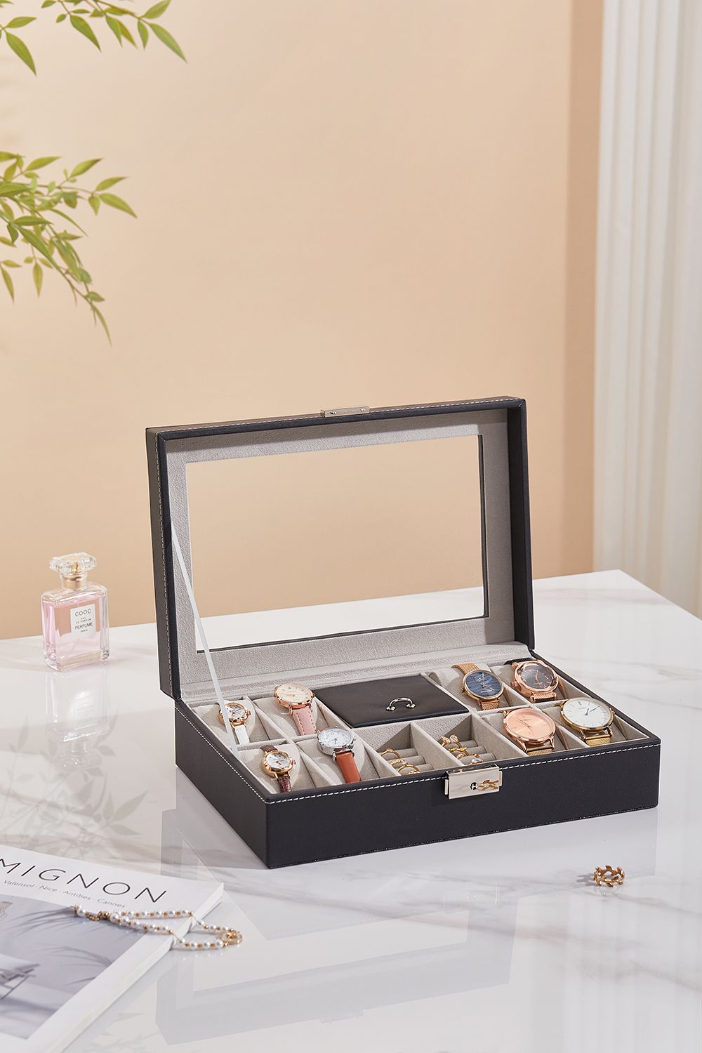 SHEONLY 8-Slot Black Synthetic Leather Watch Display Box with Ring Slots image 2