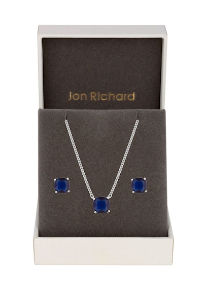 Jon Richard Rhodium Plated Cubic Zirconia Open Stone Sapphire Set - Gift Boxed