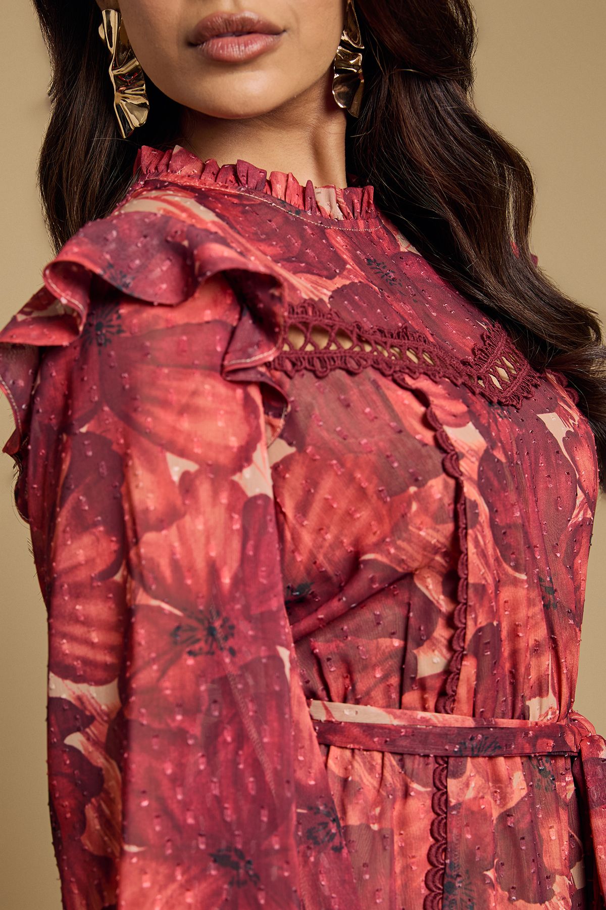 Oasis Petite Printed Dobby Chiffon Belted Waist Midi Dress Burgundy image 5