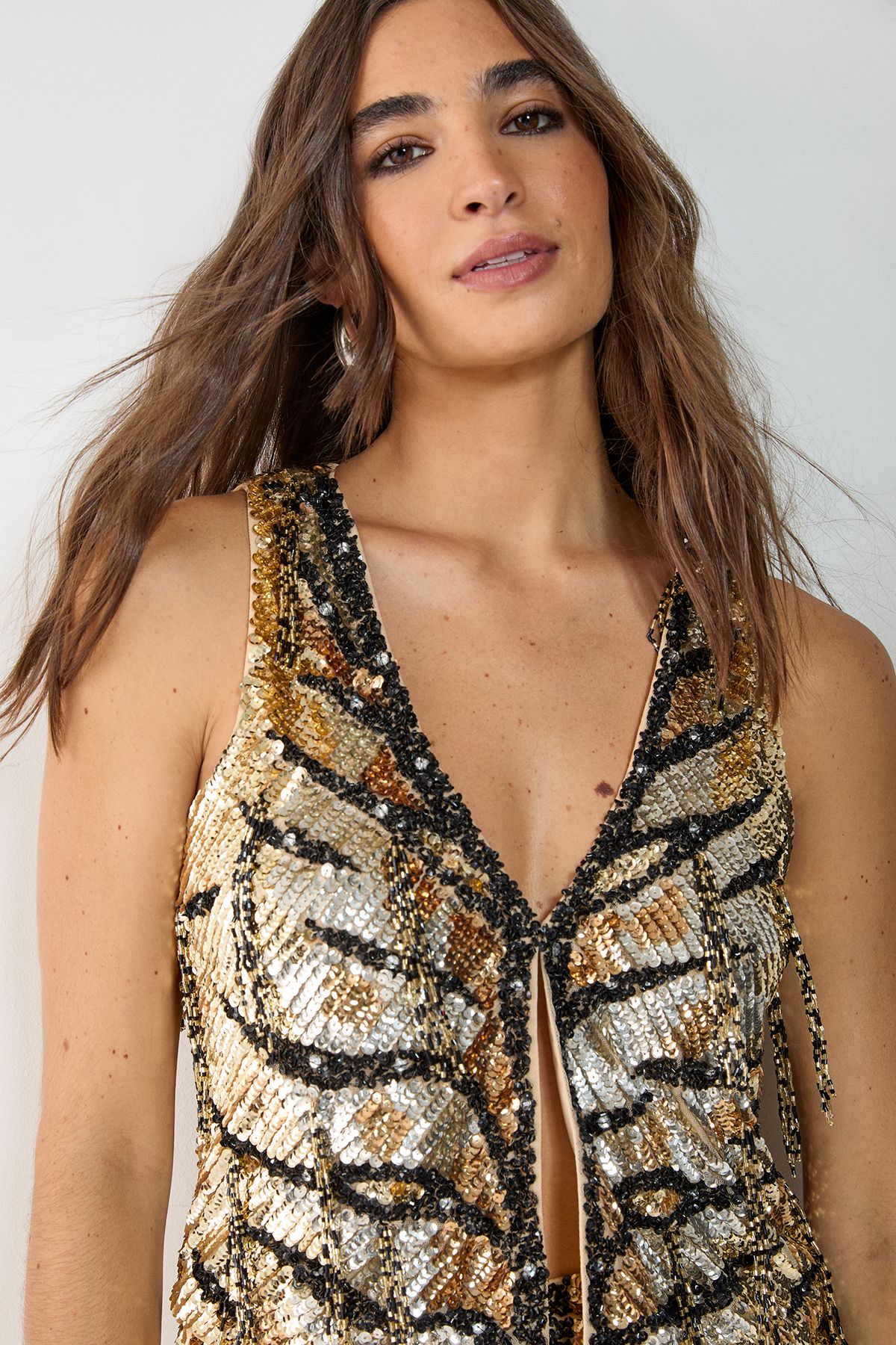 NastyGal Tiger Hand Embellished Tassel Sequin Waistcoat Gold image 3