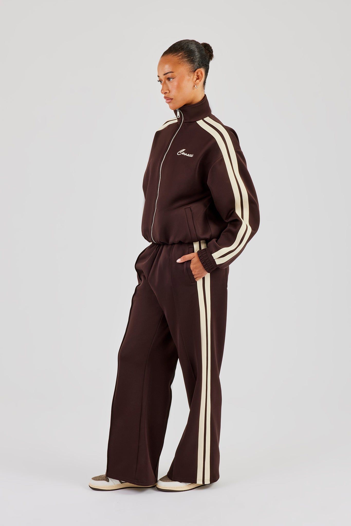 Cernucci Wide Leg Track Pant With Butter Yellow Taping  - Chocolate image 5