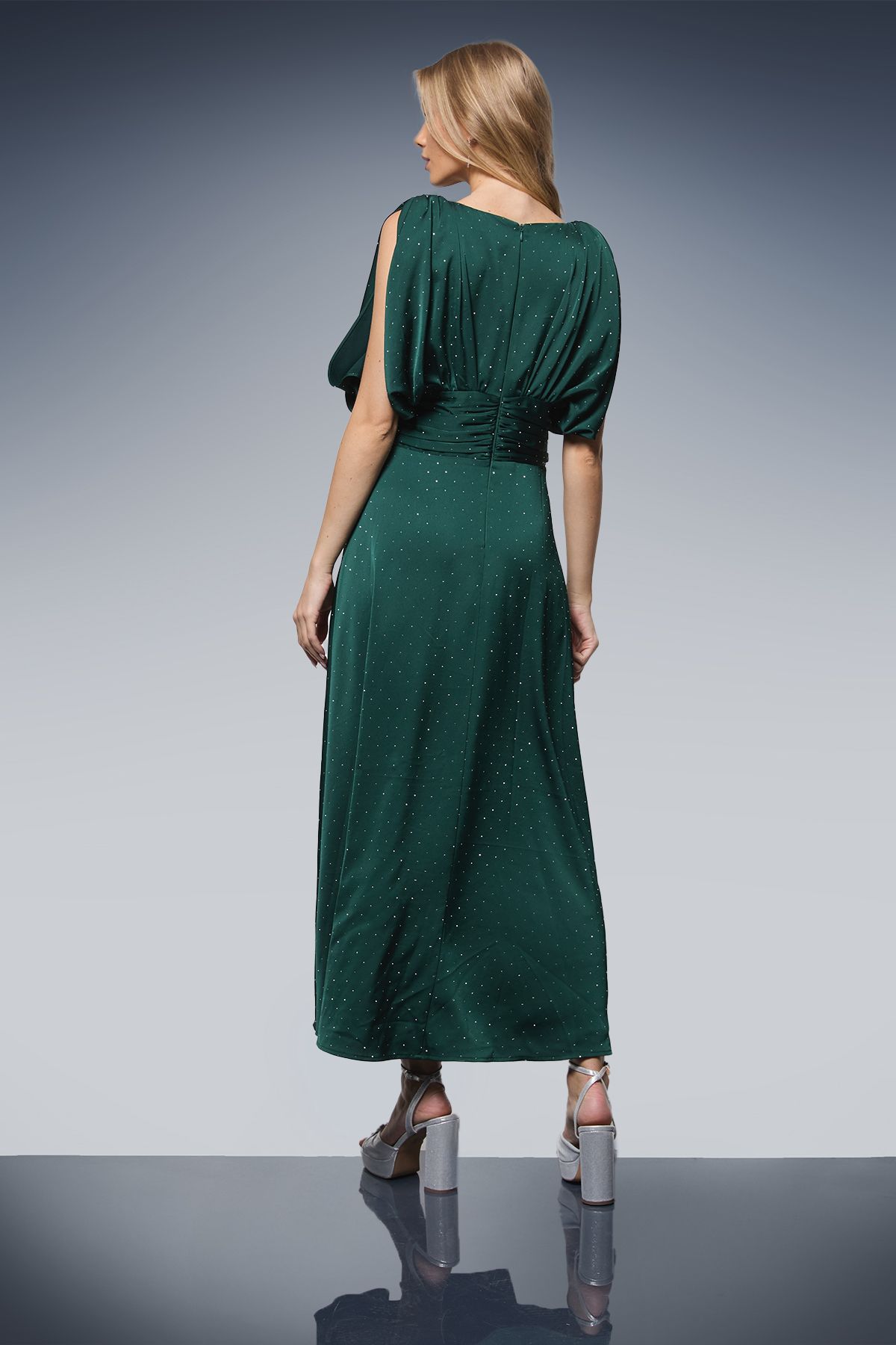 Oasis Hotfix Detail Ruched Bodice V Neck Midi Dress Forest image 3