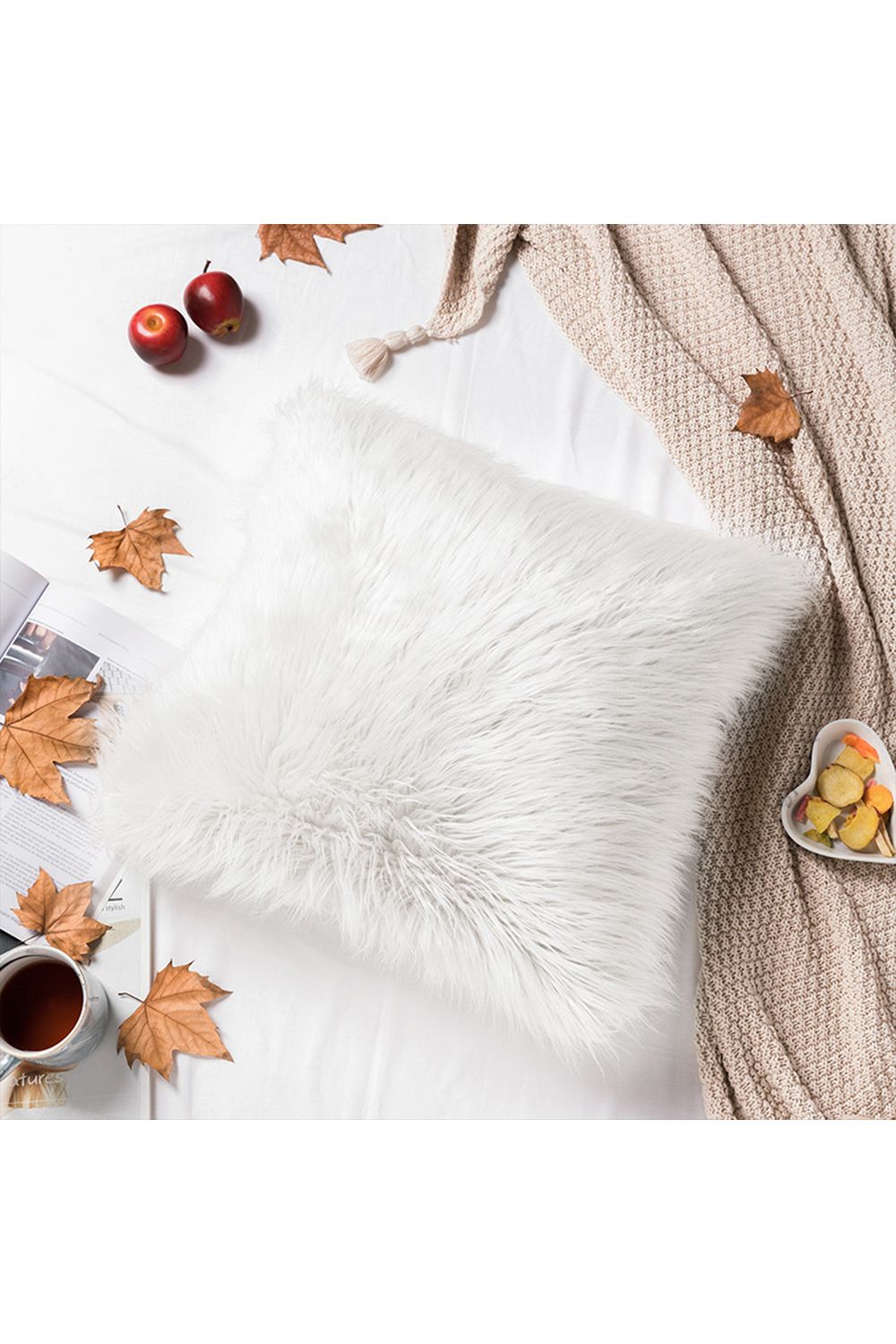 Living and Home 50x50cm Autumn Cushion Cover White Plush Sofa Cushion Cover -Machine-Washable image 5