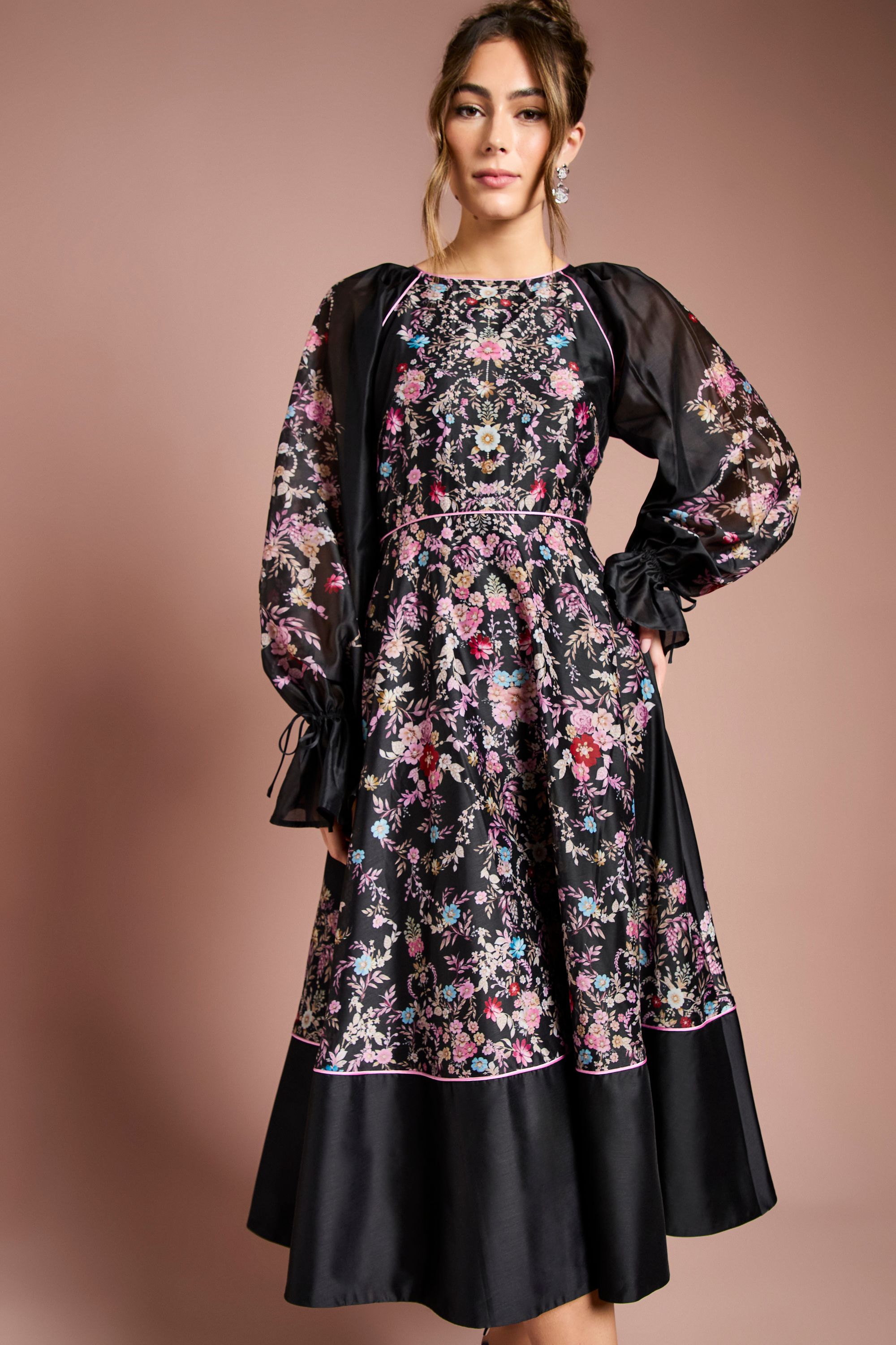 Coast Placement Print Long Sleeve Organza Midi Dress Black image 2