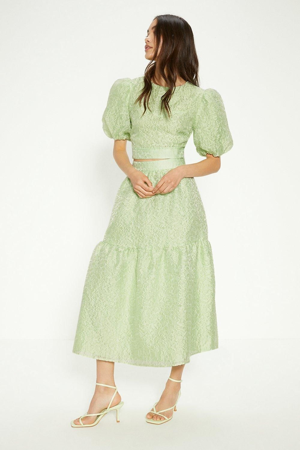 Oasis Jacquard Puff Sleeve Bow Back Top Green image 2