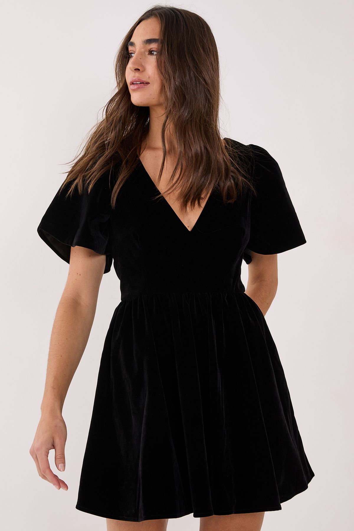 NastyGal Velvet Puff Sleeve Plunge Skater Mini Dress Black image 5