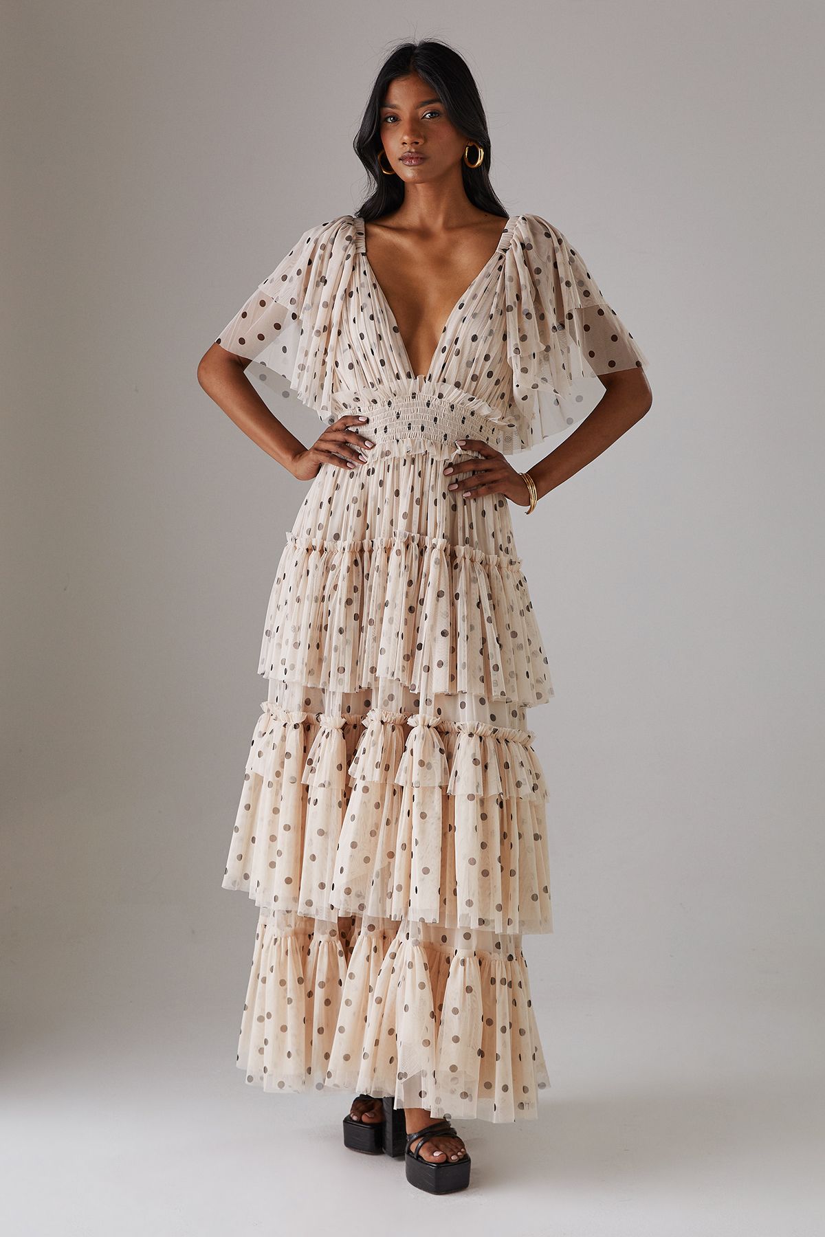 Warehouse Tulle Polka Dot Plunge Neck Flutter Sleeve Tier Maxi Dress Cream