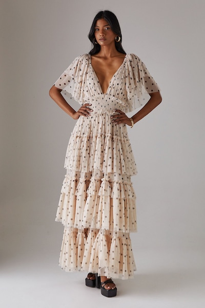 Warehouse Tulle Spot Plunge Neck Flutter Sleeve Tier Maxi Dress Cream