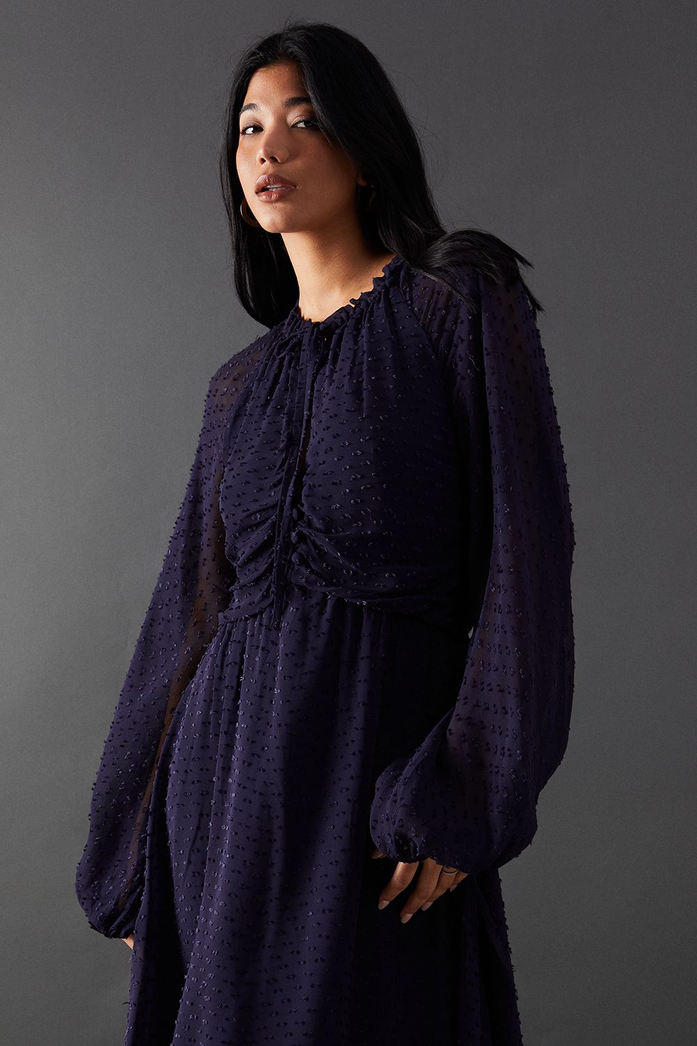 Warehouse Tufted Dobby Chiffon Button Front Tie Neck Hanky Hem Midi Dress Navy image 4