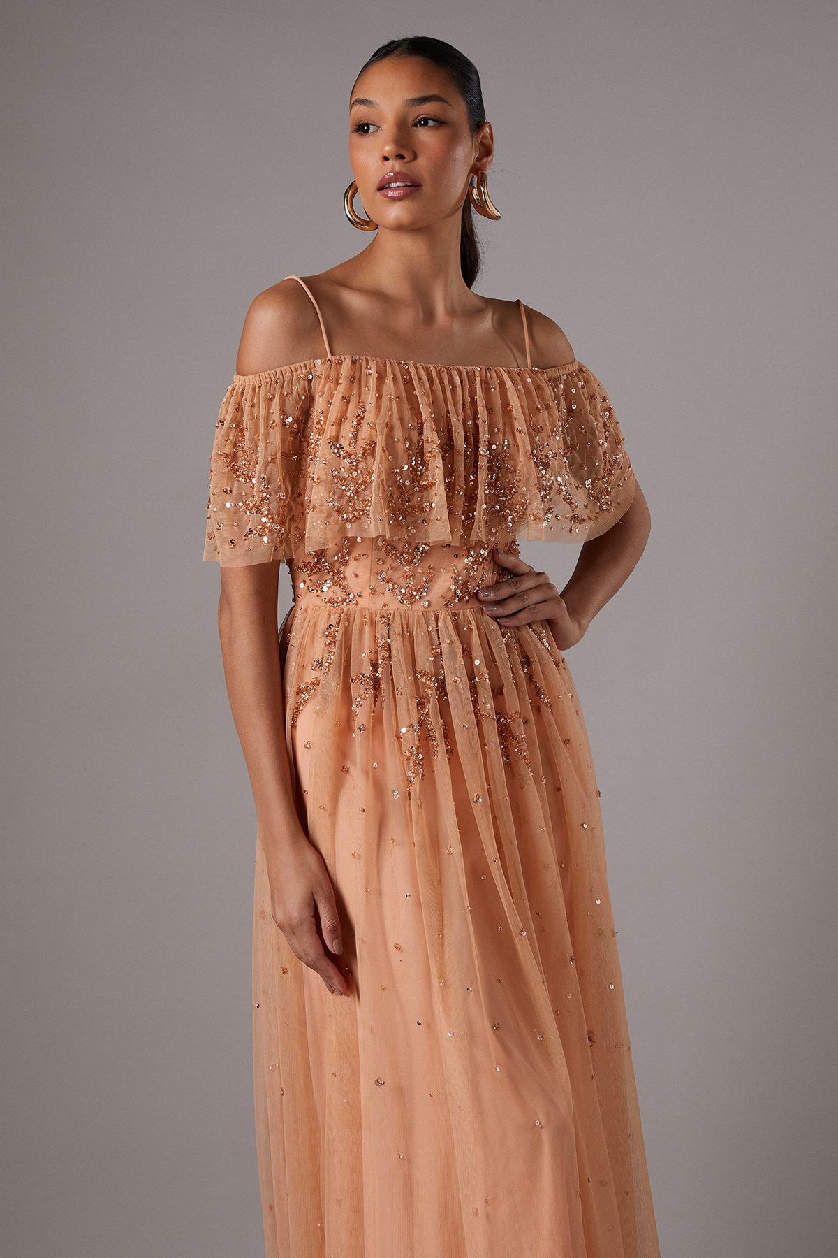 Coast Sequin Mesh Midi Dress With Flutter Sleeves Apricot image 4