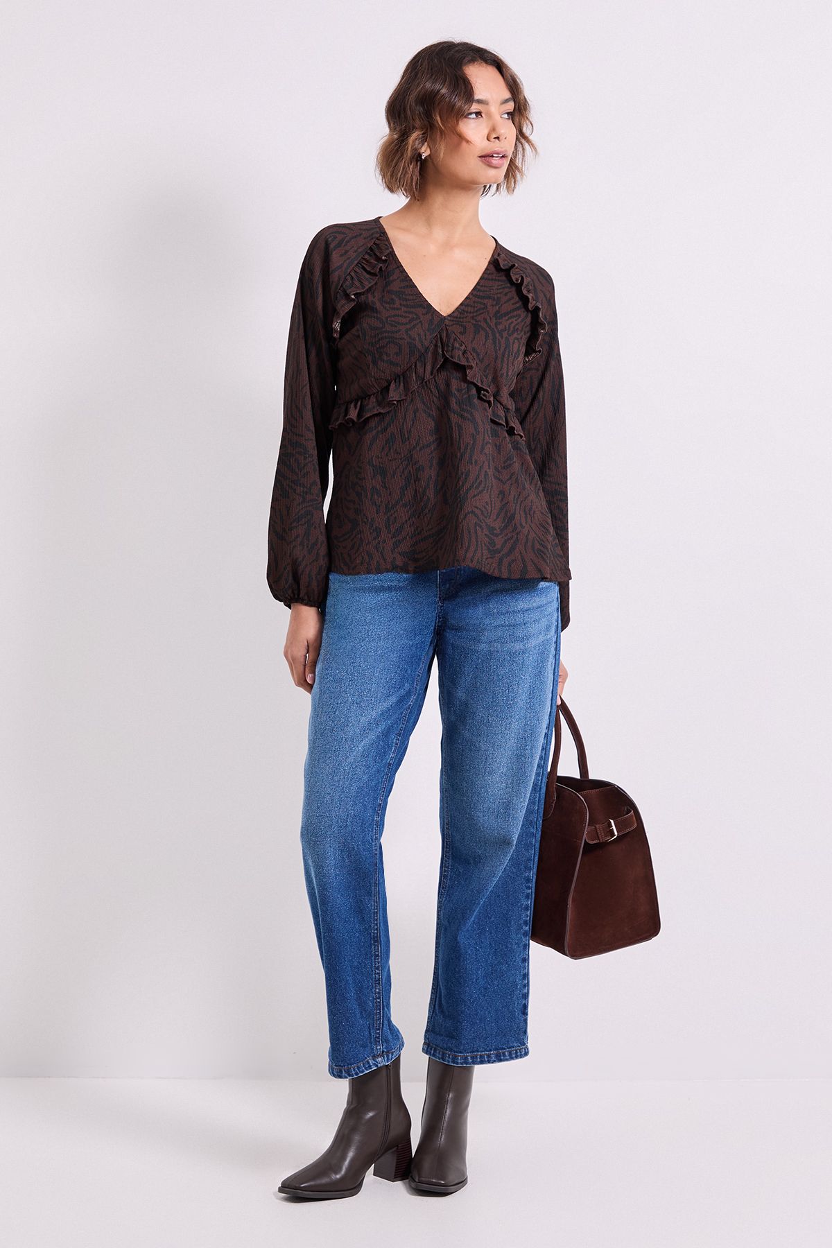 Dorothy Perkins Brown Animal Empire Seam Frill Detail Printed Jersey Top Brown image 2