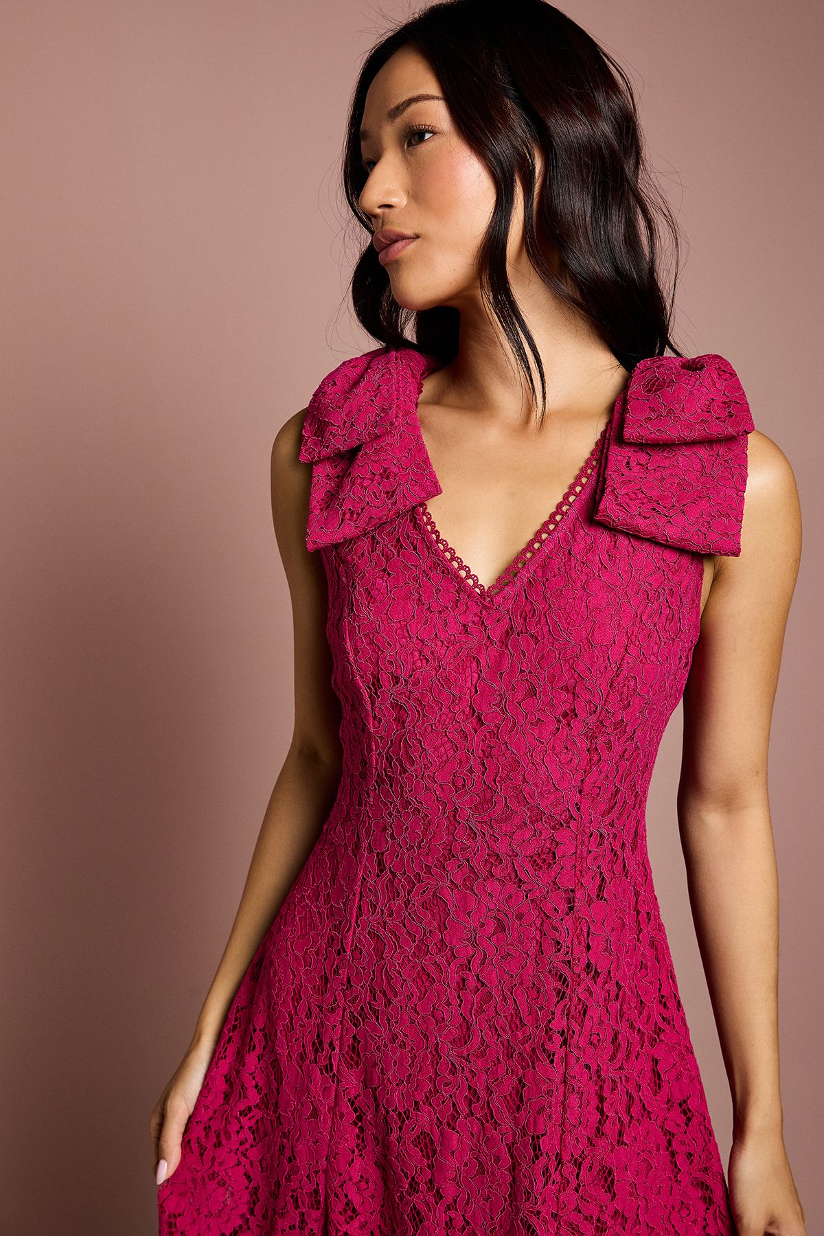 Coast Bow Shoulder V Neck Lace Midi Dress Burgundy image 2