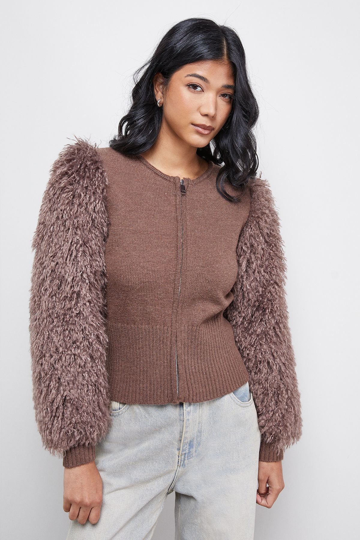 Warehouse Zip Up Fluffy Sleeve Cardigan Khaki image 1