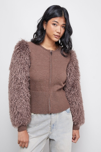 Warehouse Zip Up Fluffy Sleeve Cardigan Khaki