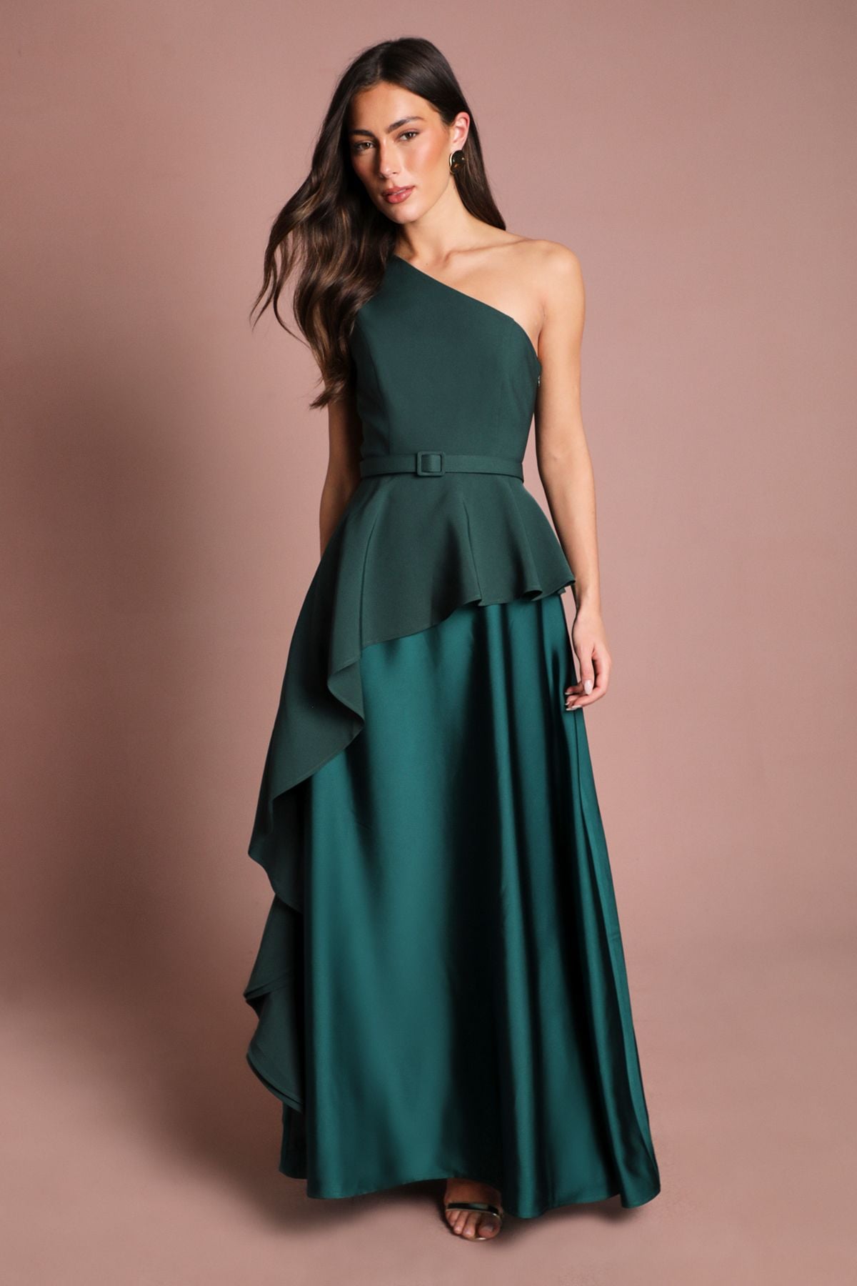 Coast One Shoulder Ruffle Detail Satin Maxi Dress Emerald