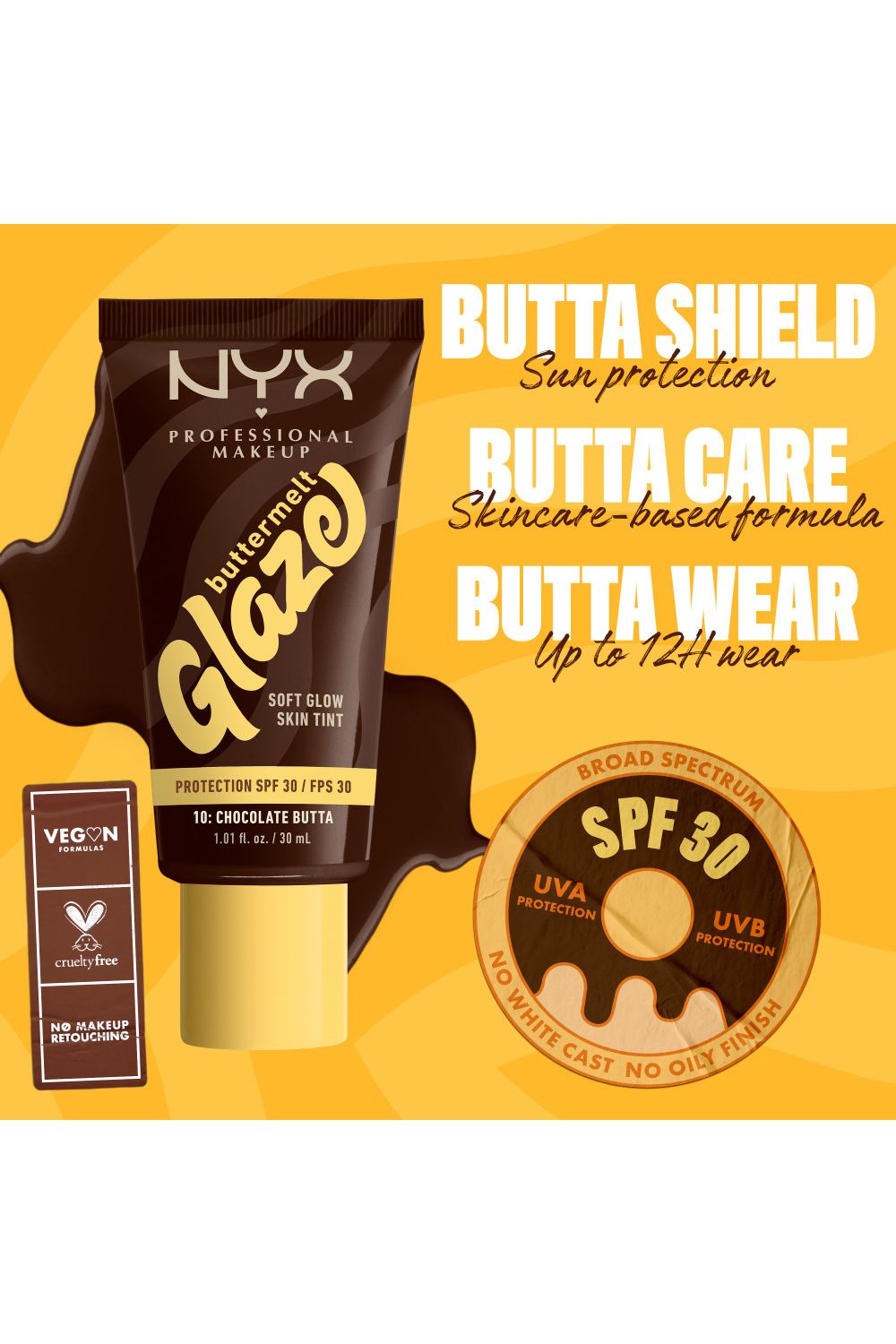 NYX Professional Makeup Buttermelt Glaze Soft Glow Skin Tint + SPF/FPS 30 30ml Chocolate Butta image 3