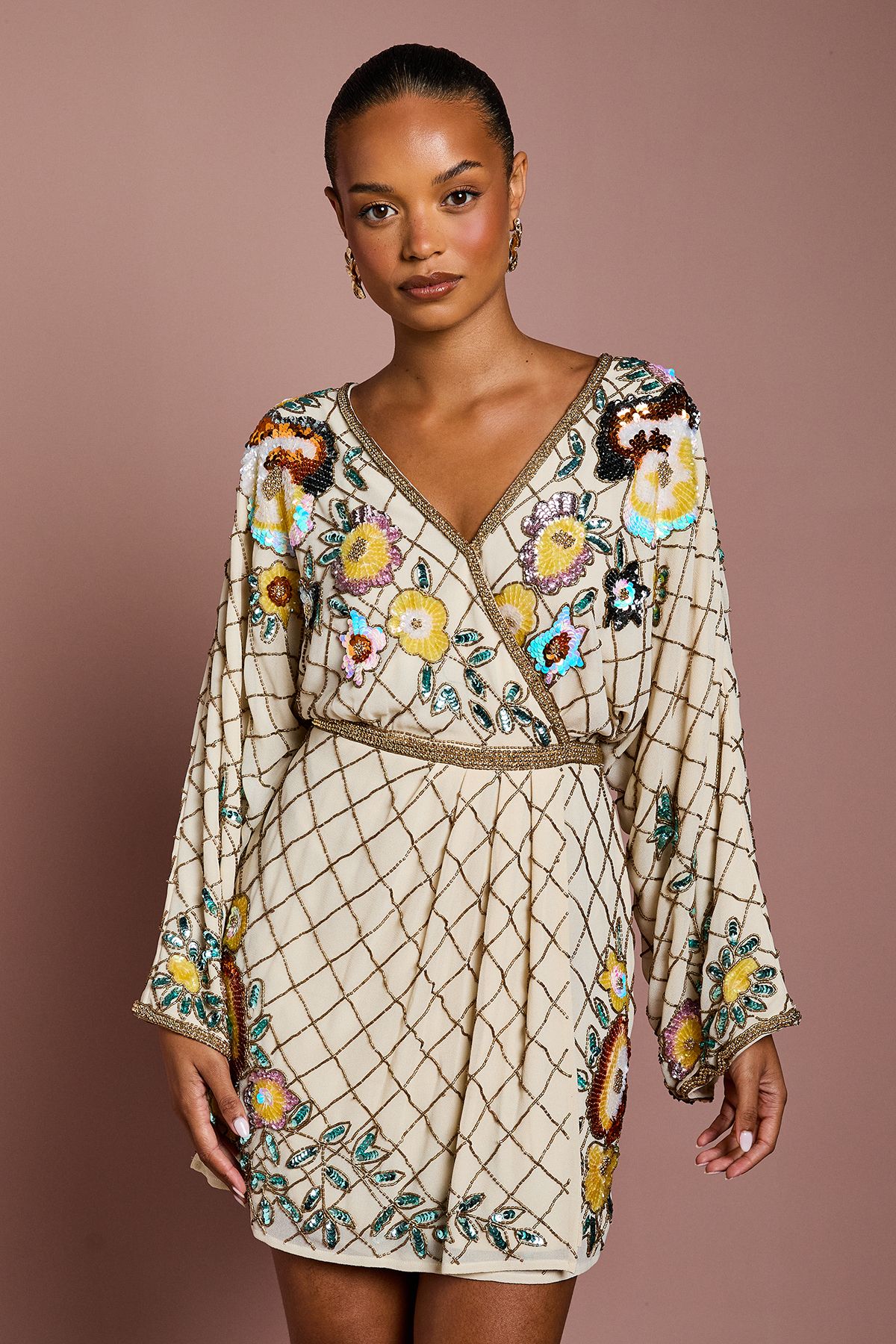 Coast Petite Wrap Top Floral Embellished Mini Dress Champagne image 2