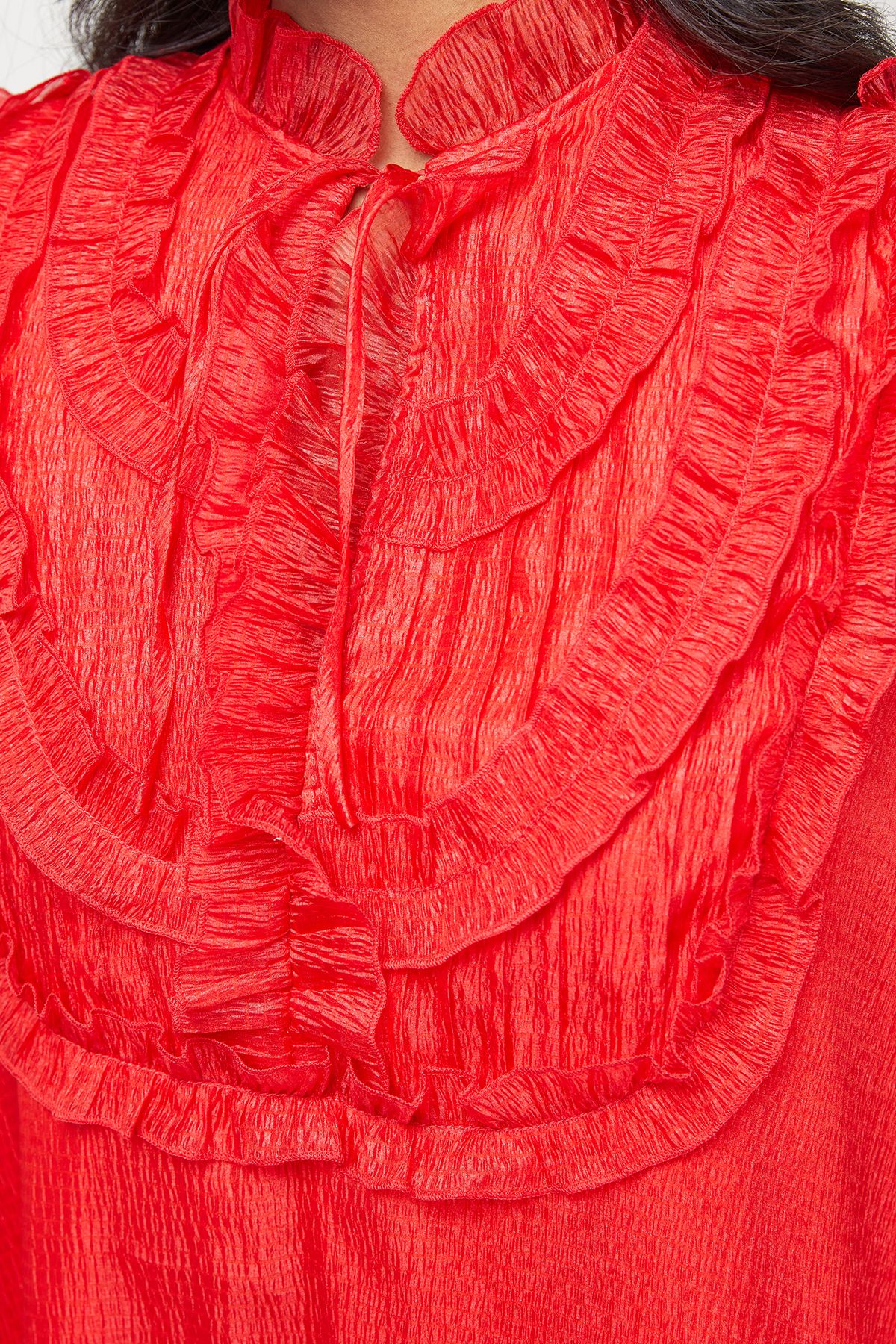 Warehouse Premium Crinkle Stripe Organza Frill Pleat Detail Midi Dress Red image 5