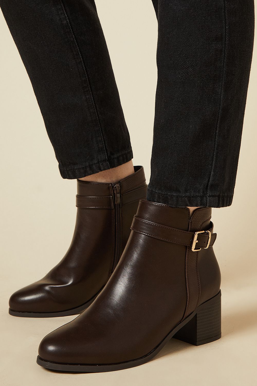 Dorothy Perkins Good For The Sole: Wide Fit Moira Material Mix Medium Block Heel Ankle Boots Brown