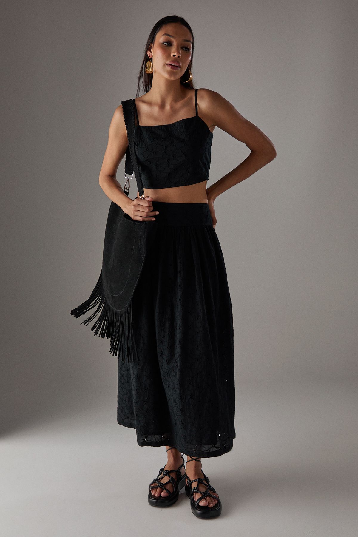 Warehouse HCD Broderie Strappy Bralette Crop Top Black image 2