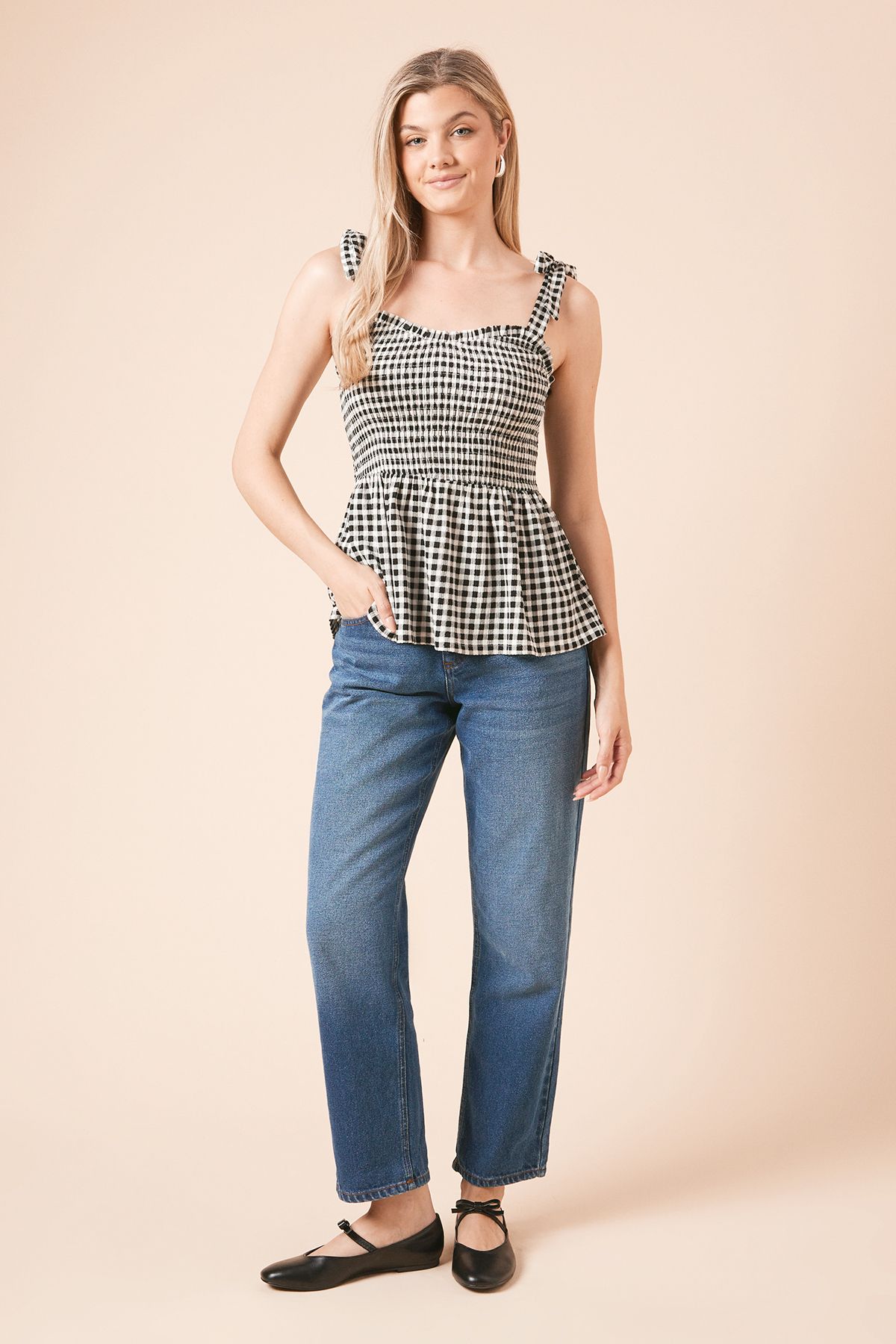 Dorothy Perkins Gingham Tie Shoulder Shirred Bodice Peplum Top Gingham image 1