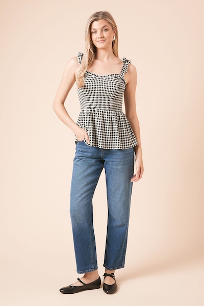 Dorothy Perkins Gingham Tie Shoulder Shirred Bodice Peplum Top Gingham