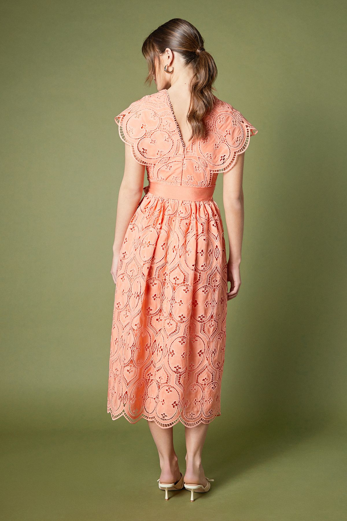 Coast Lace V Neck Belted Midi Holiday Dress Peach image 4
