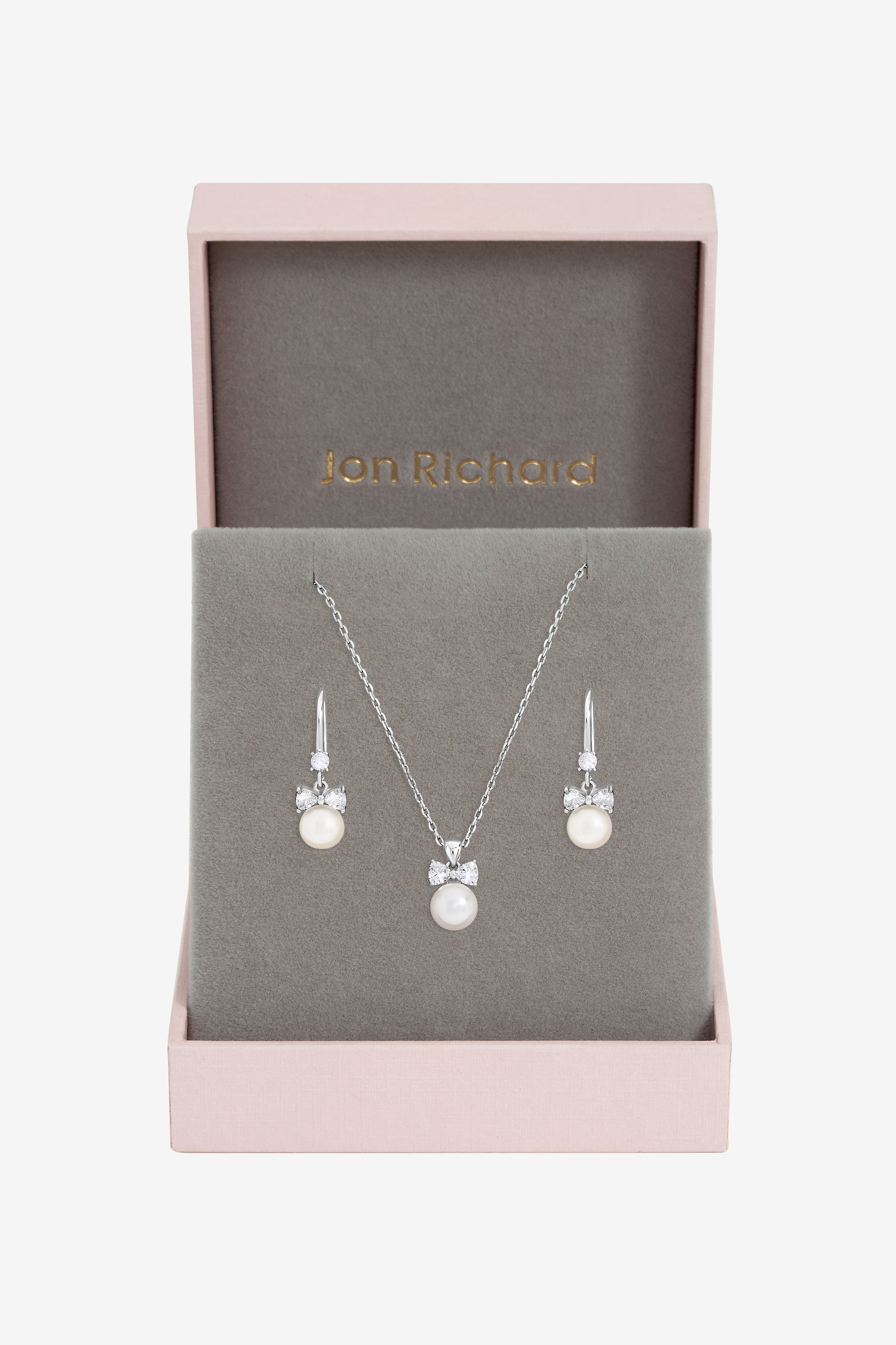 Jon Richard Rhodium Plated Crystal Bow and Pearl Drop Set - Gift Box image 1