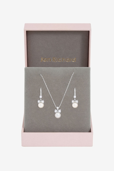 Jon Richard Rhodium Plated Crystal Bow and Pearl Drop Set - Gift Box