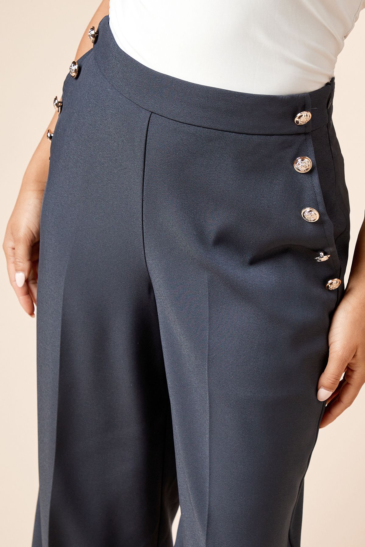 Dorothy Perkins Petite Military Button Detail Wide Leg Trouser Navy image 4