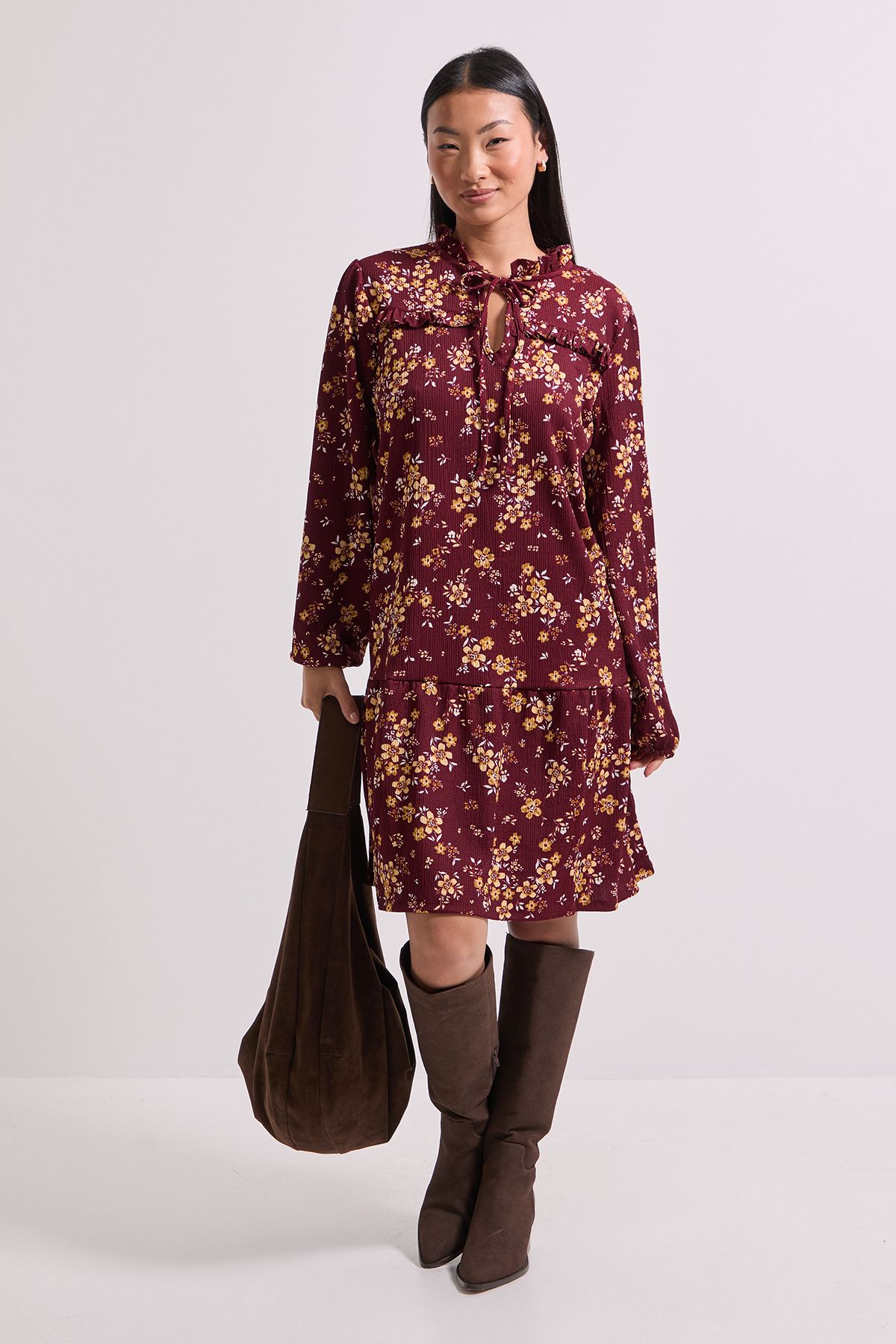 Dorothy Perkins Petite Yellow Floral Tie Neck Tiered Smock Jersey Mini Dress Yellow image 1