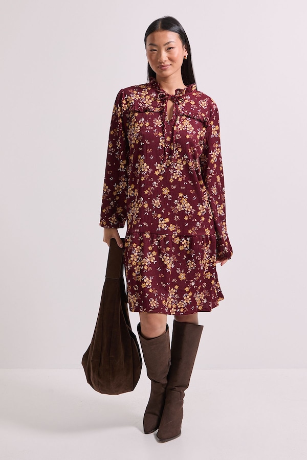 Dorothy Perkins Petite Yellow Floral Tie Neck Tiered Smock Jersey Mini Dress Yellow