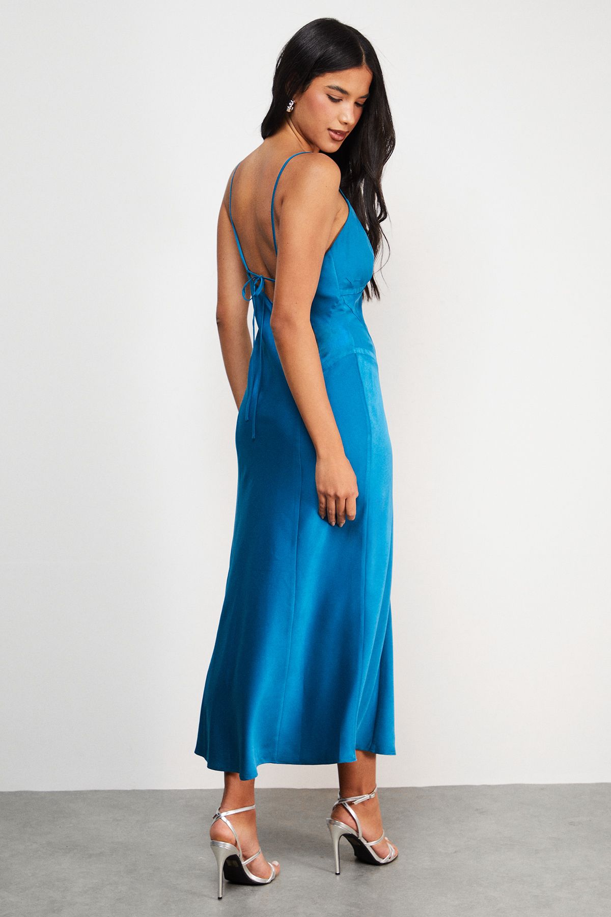 Warehouse Satin Tie Bust Seam Strappy Midi Slip Dress Blue image 3