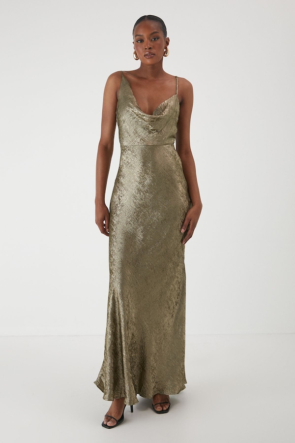MissPap Metallic Asymmetric Cowl Dress Khaki