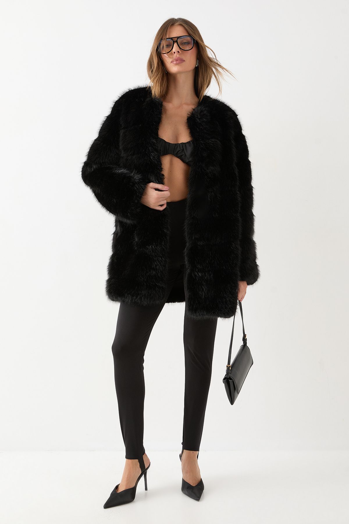 MissPap Panelled Faux Fur Coat Black image 1