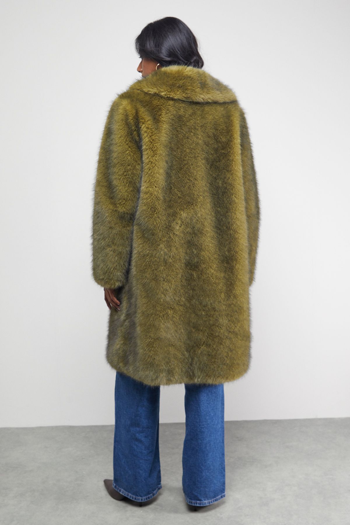 Warehouse Two Tone Luxe Faux Fur Coat Green image 3