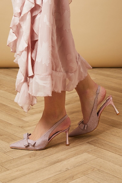 Oasis Brina Glitter Bow Detail Slingback High Stiletto Heel Court Shoes Pink