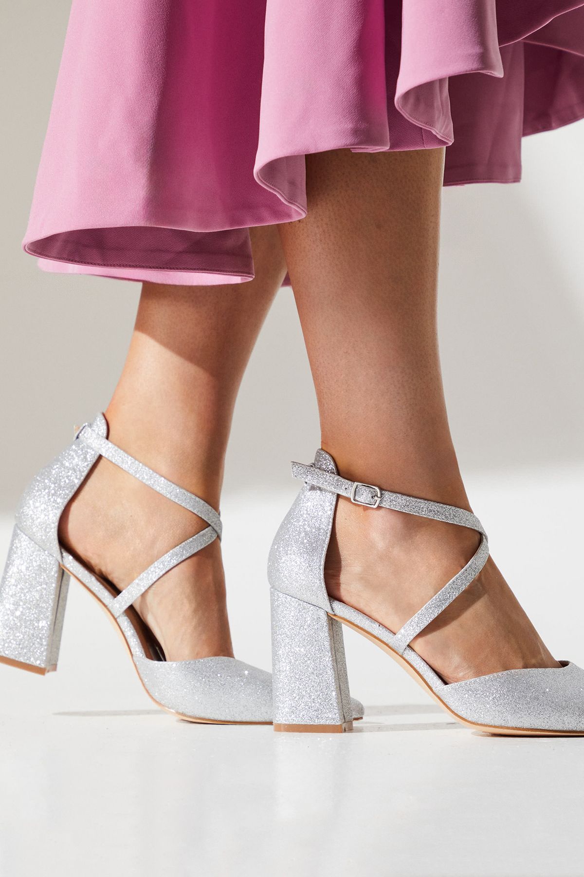 Coast Wide Fit Treat Glitter Cross Strap Pointed Block Heel Court Shoes Silver image 2