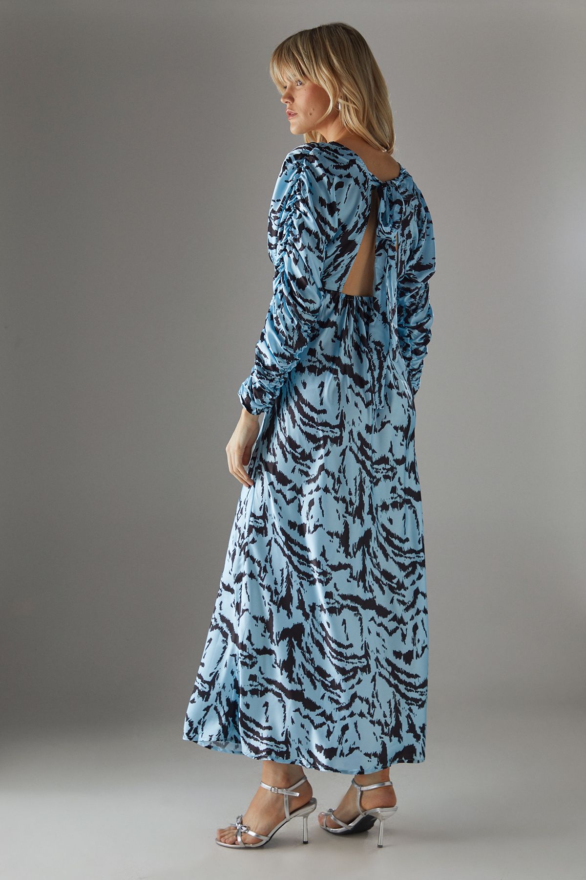 Warehouse Zebra Satin Batwing Bias Midi Dress Blue image 4